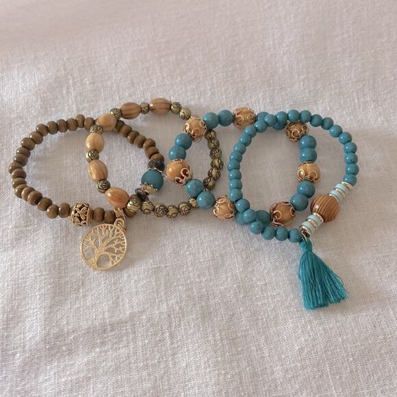 Turquoise Bohemian Jewelry Set Boho Earrings 4 pc Bracelet Tree of Life Charm - Picture 3 of 4